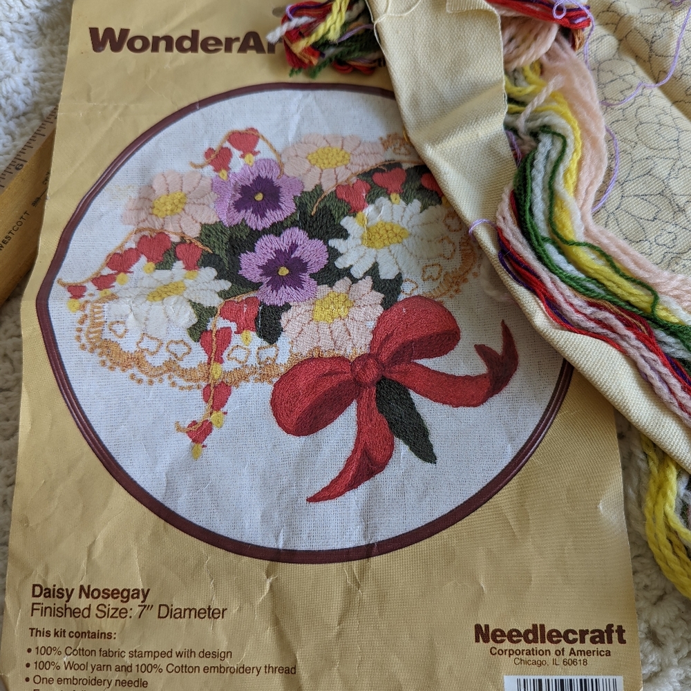 Vintage WonderArt Stitchery Pattern And Yarn, Thread Pansies And Daisy.